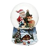 Dekohelden24 Schneekugel Santa mit Rentier und Pinguin blauem Sockel mit Weihnachtliche Winterlandschaft und Spielwerk, Melodie: White Christmas