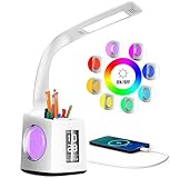 Schreibtischlampe Kinder 7 IN 1 Led Tischleuchte，VAZILLIO 10W Augenschutz Nachttischlampe Dimmbar Stifthalter Tischleuchte mit Lcd Display/kalender/Wecker/USB-Anschluss für kinder