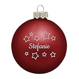 Deitert Weihnachtskugel mit Namen oder Wunschtext graviert, Ø 8cm, personalisierte Christbaumkugel aus Glas (matt), individueller Weihnachtsbaumschmuck mit Gravur, Sternen-Motiv, Rot