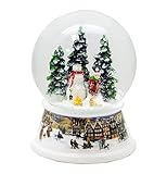 Nostalgie-Schneekugel mit Porzellan-Sockel Kind auf Schlitten mit Schneemann Spieluhr 10cm Durchmesser * 20222