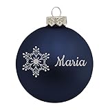 Weihnachtskugel mit Namen oder Wunschtext graviert, Ø 8cm, personalisierte Christbaumkugel aus Glas (matt), individueller Weihnachtsbaumschmuck mit Gravur, Schneeflocke-Motiv, Blau