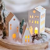 Sziqiqi Mini Lichthaus Kerzenhalter für Weihnachten, Kerzenständer Laterne mit LED-Kerzen Dekorative Teelichthaus Metall Windlicht Set von 3 für Fensterbank Mantel Kamin, Weiß