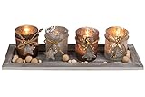 KAMACA XL Holzteller mit LED Kerzen und Dekoration - Set aus 4 Glas Kerzenhaltern und 4 LED Teelichtern Winter Advent Weihnachten (40 x 15 x 15 cm)