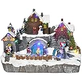 HOMCOM Weihnachtsdorf Tischdeko mit LED-Leuchtung Weihnachtsdeko Schlittschuhbahn Motiv mit beweglichen Kinder Weihnachten Village Winterlandschaft 32 x 25,5 x 24 cm