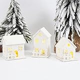 3 Stück Weihnachtsdorf Beleuchtet Weiß, Mini Lichthaus Gästehaus, Weihnachtslaterne LED, Holzhaus Skandinavisch, Weihnachtsdeko Innen Winter Deko Klein Holz Teelichter Weihnachten Beleuchtung Set