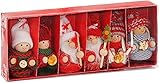 BRUBAKER 6-teiliges Set Weihnachtswichtel aus Holz und Strick - Baumanhänger Weihnachtsanhänger - 8 cm in Geschenkbox Rot