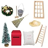 Gcroet Deko Wichteltür Weihnachten Set Miniatur Wichtel Set Wichtel Tür Nissedor mit Zubehör Stiefel Laterne Weihnachtsbaum Dekokranz Holzleiter Wichtelbesen Zuckerstange Verzierungen für Weihnachten