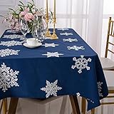 Tischdecke Weihnachten Schneeflocke Tischdecke Baumwolle Leinen Bestickte Tischdecke Rechteckige Tischdecke Wasserabsorbierend Und Rutschfest 140×180cm (Rot/Blau)