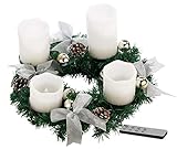 Britesta Adventsgesteck: Adventskranz mit weißen LED-Kerzen, silbern geschmückt (Weihnachtskranz mit Kerzen, Weihnachtskranz mit LED-Kerzen, Kabellose Weihnachtskerzen)