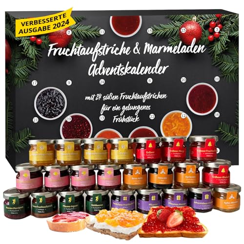 Adventskalender 2024 Frühstück mit Marmelade, Frühstücksgläschen Weihnachtskalender mit 24 süßen und ausgefallenen Marmeladen im Glas á 25g, Frühstückskalender für Weihnachten