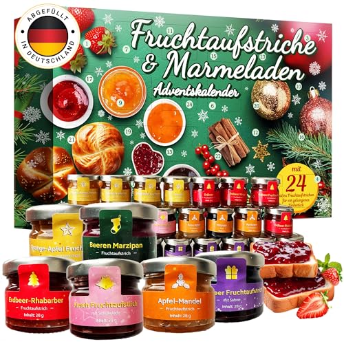 Adventskalender Frühstücksgläschen 2024 mit 24 köstlichen und abwechslungsreichen Marmeladen, Konfitüren und süßen Aufstrichen in Gläsern, Weihnachtskalender Geschenkset